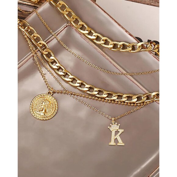 Layered Necklaces for Women Trendy Retro Coin Crown Letter Pendant Necklace Dain - Picture 7 of 9